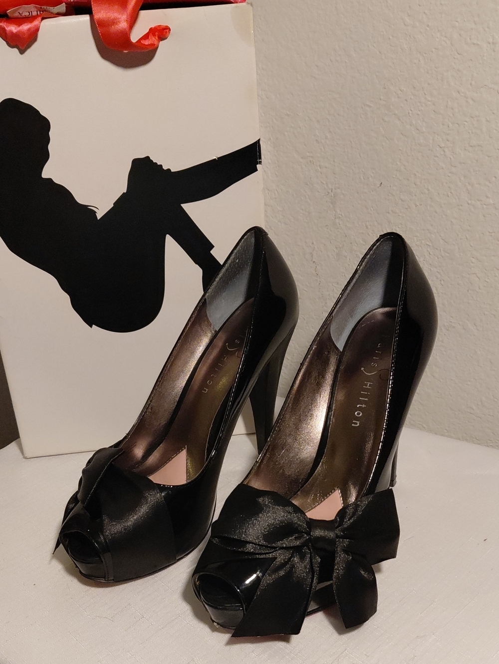 Paris Hilton Black Satin Peep-Toe Bow Heels
